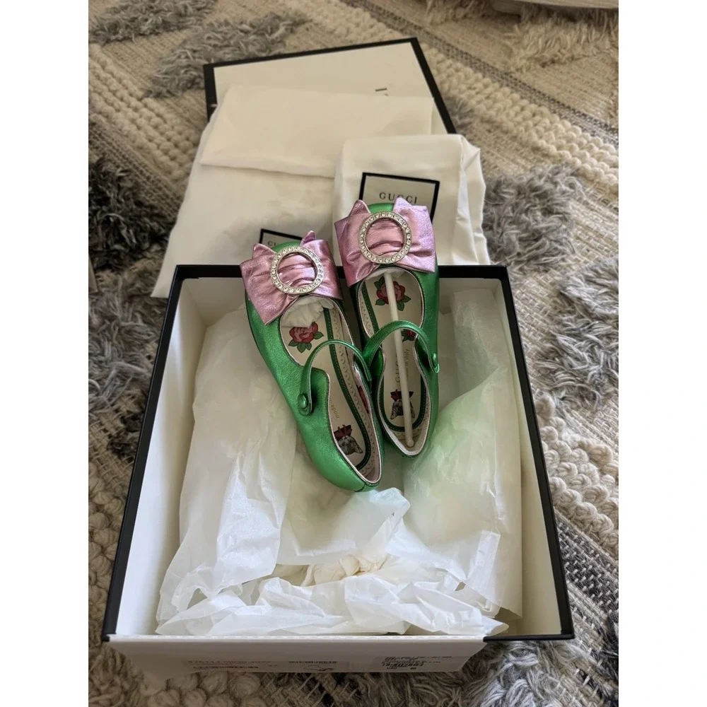 Gucci Kids Metallic Green Pink Crystal Bow Mary Jane Shoes EU 26 US 9.5 Box